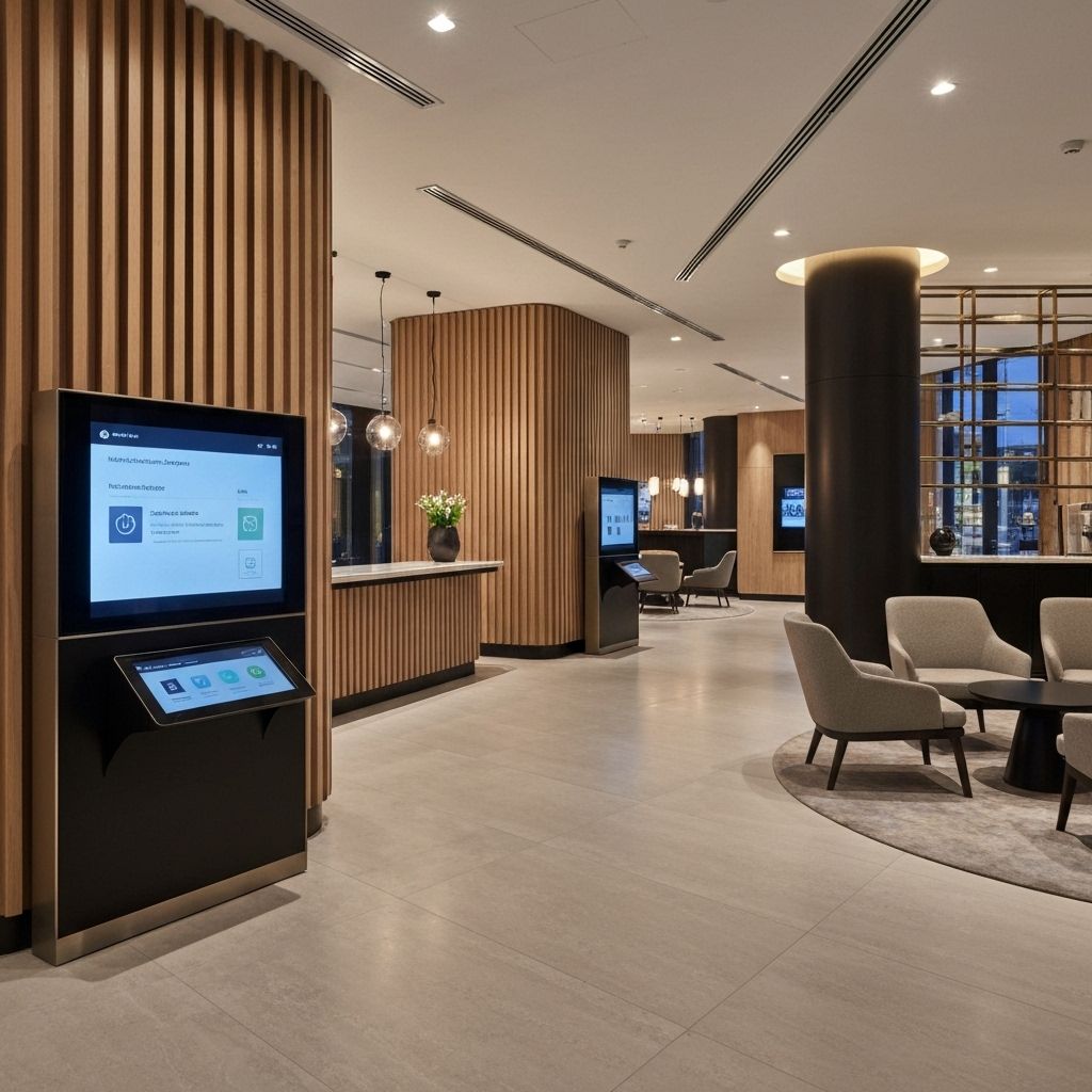 Modern hotel lobby with smart technology